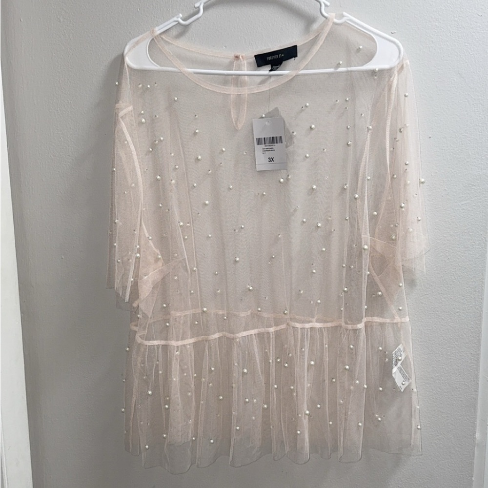 Forever 21 Sheer Pearl-Embellished Blouse - Cream
